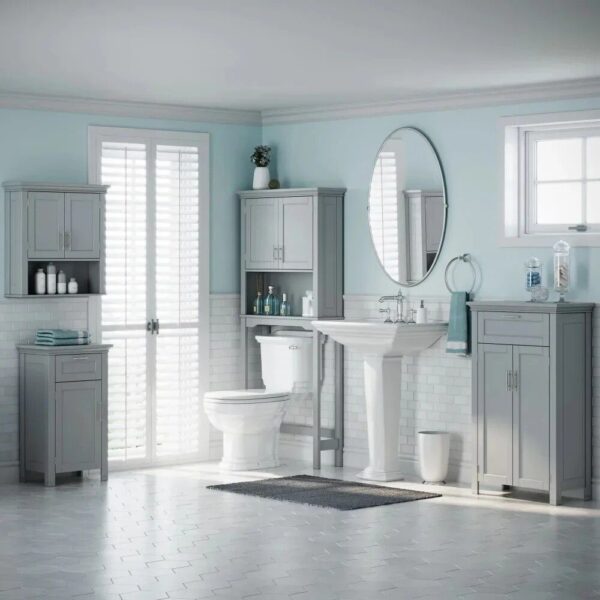 Elegant Gray 2-Door Bathroom Wall Cabinet with Open & Interior Shelves - Image 7
