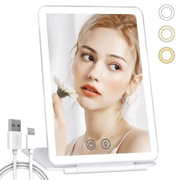Touch Screen LED Makeup Mirror - Foldable, 3-Color Lighting, USB Rechargeable - Image 3