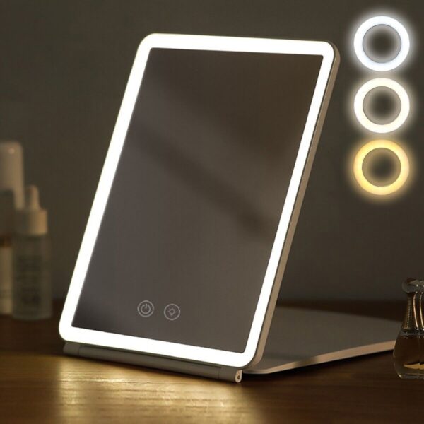 Touch Screen LED Makeup Mirror - Foldable, 3-Color Lighting, USB Rechargeable - Image 2